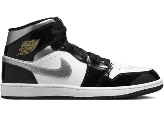 Jordan 1 Mid SE Patent Black White Metallic Silver Metallic Gold